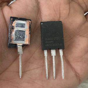 DG50Q12T2 50amp 1200V Dosemi | High-power IGBT Module | Digilog.pk - one intact black three-pin transistor and one opened unit revealing its internal copper and silicon components.