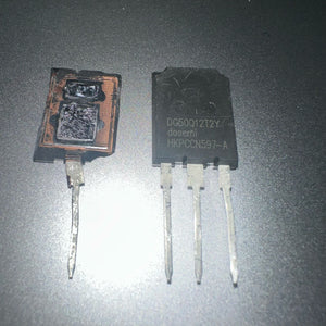 DG50Q12T2 50amp 1200V Dosemi | High-power IGBT Module | Digilog.pk - one intact black three-pin module next to a damaged, burnt-out version of the same component.