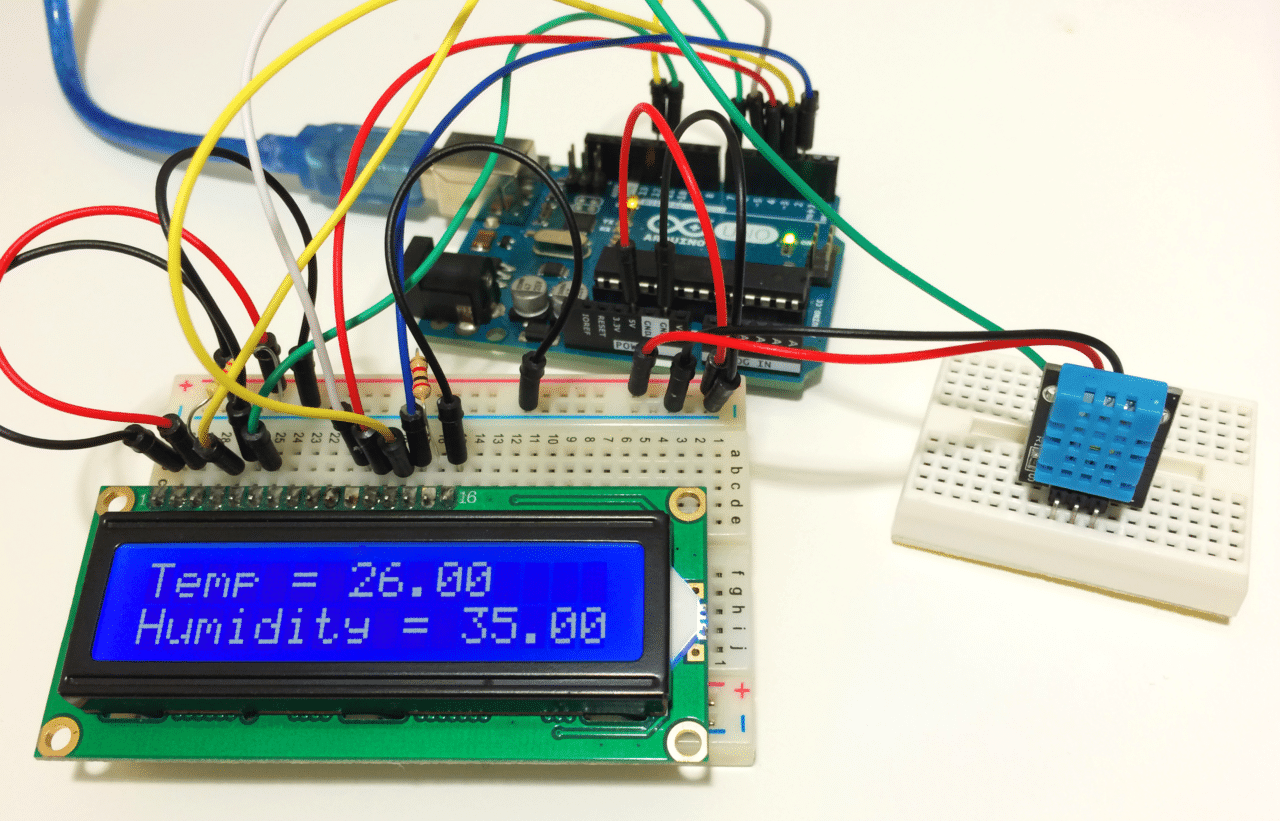 DHT11 Temperature And Humidity Sensor Module Ky-015 - displaying "Temp = 26.00" and "Humidity = 35.00" on an LCD.