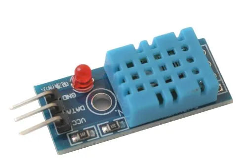 DHT11 Temperature Humidity Sensor Module For Arduino With LED Light Indication - blue sensor block, a red LED, and three metal pins on a blue circuit board.