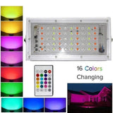 Different Colors Portable Energy Saving Outdoor RGB LED Lights Lamp Floodlight With Remote AC175-265V - the rectangular light fixture, a remote control, and examples of various light color settings.