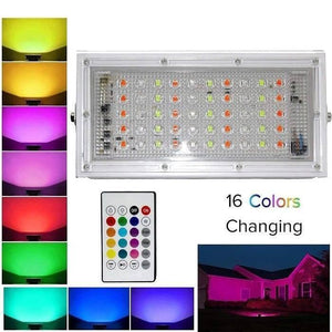 Different Colors Portable Energy Saving Outdoor RGB LED Lights Lamp Floodlight With Remote AC175-265V - the rectangular light fixture, a remote control, and examples of various light color settings.
