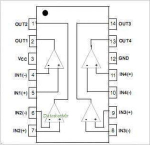Differential Comparator IC LM2901N - a technical line diagram showing the 14-pin layout, internal comparator connections, and pin labels.