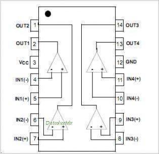 Differential Comparator IC LM2901N - a technical line diagram showing the 14-pin layout, internal comparator connections, and pin labels.