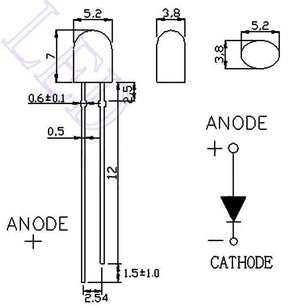 Diffused White LED 5mm In Oval Shape - the component's dimensions, pin spacing, and schematic symbol.