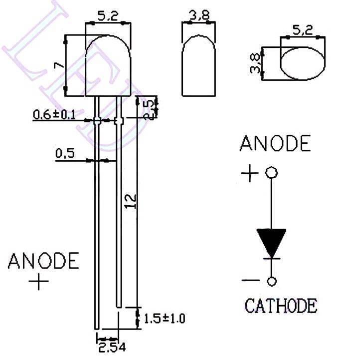 Diffused White LED 5mm In Oval Shape - the component's dimensions, pin spacing, and schematic symbol.