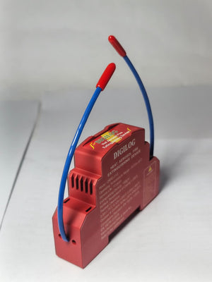 DIGILOG QRR0.01G Heat Aerosol Fire Extinguishing Device - a red rectangular unit with two blue wires featuring red tips, shown from a side angle.