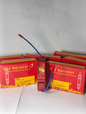 DIGILOG QRR0.01G Heat Aerosol Fire Extinguishing Device - shown with two red boxes and one central unit featuring a blue wire and a red tip.