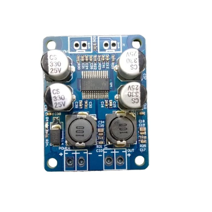 Digital 2 Channel Mono Audio Amplifier Board Module TDA3118 - a blue rectangular circuit board featuring four capacitors, two inductors, and terminal blocks.