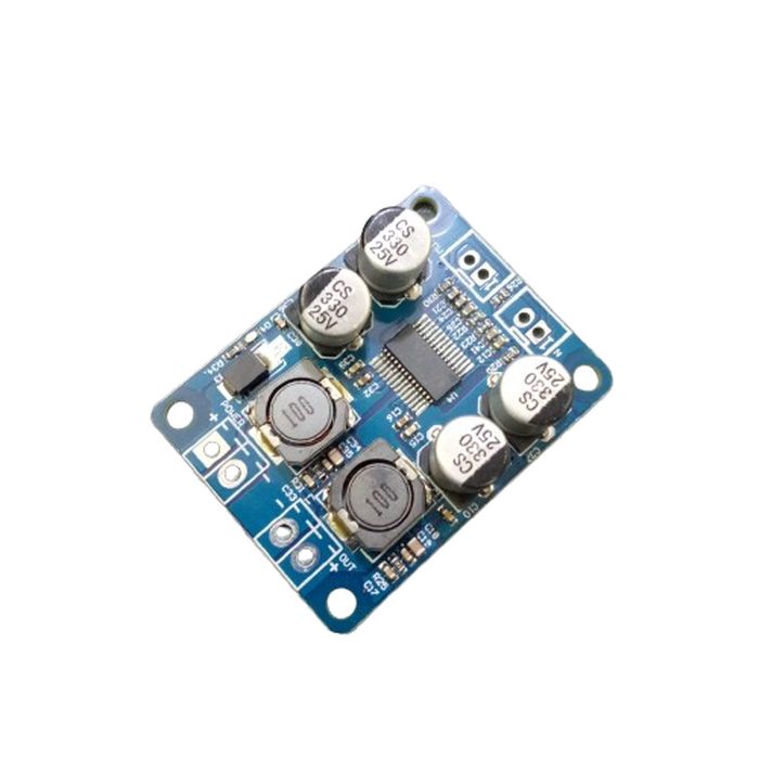 Digital 2 Channel Mono Audio Amplifier Board Module TDA3118 - a blue rectangular circuit board featuring four capacitors, two inductors, and a central chip.