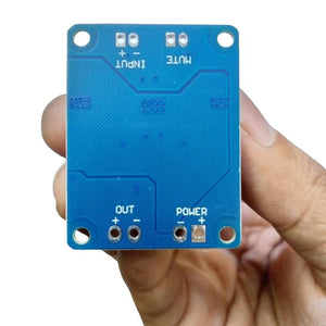 Digital 2 Channel Mono Audio Amplifier Board Module TDA3118 - the blue underside of the PCB with labeled INPUT, MUTE, OUT, and POWER ports.