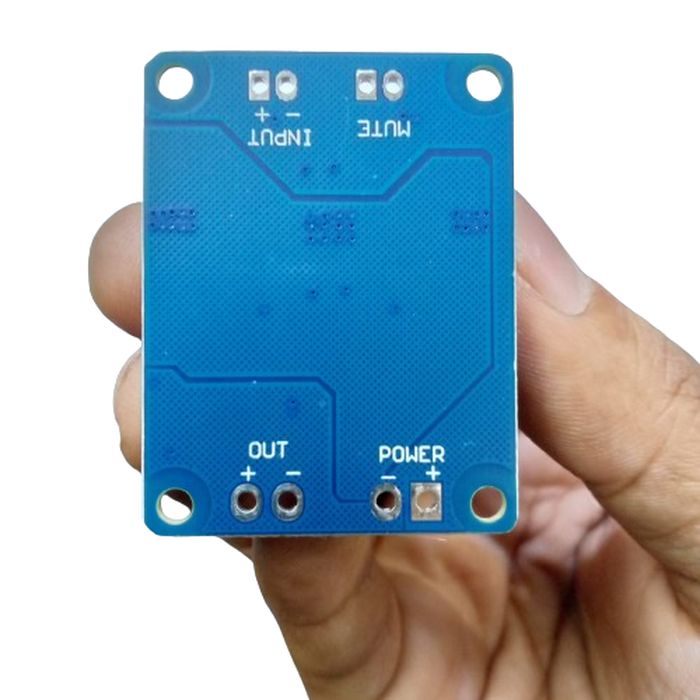 Digital 2 Channel Mono Audio Amplifier Board Module TDA3118 - the blue underside of the PCB with labeled INPUT, MUTE, OUT, and POWER ports.