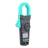 Digital AC/DC True RMS Clamp Meter VC903 - Best Price - a black and teal handheld device with a rotary dial, function buttons, an LCD screen, and two input ports.