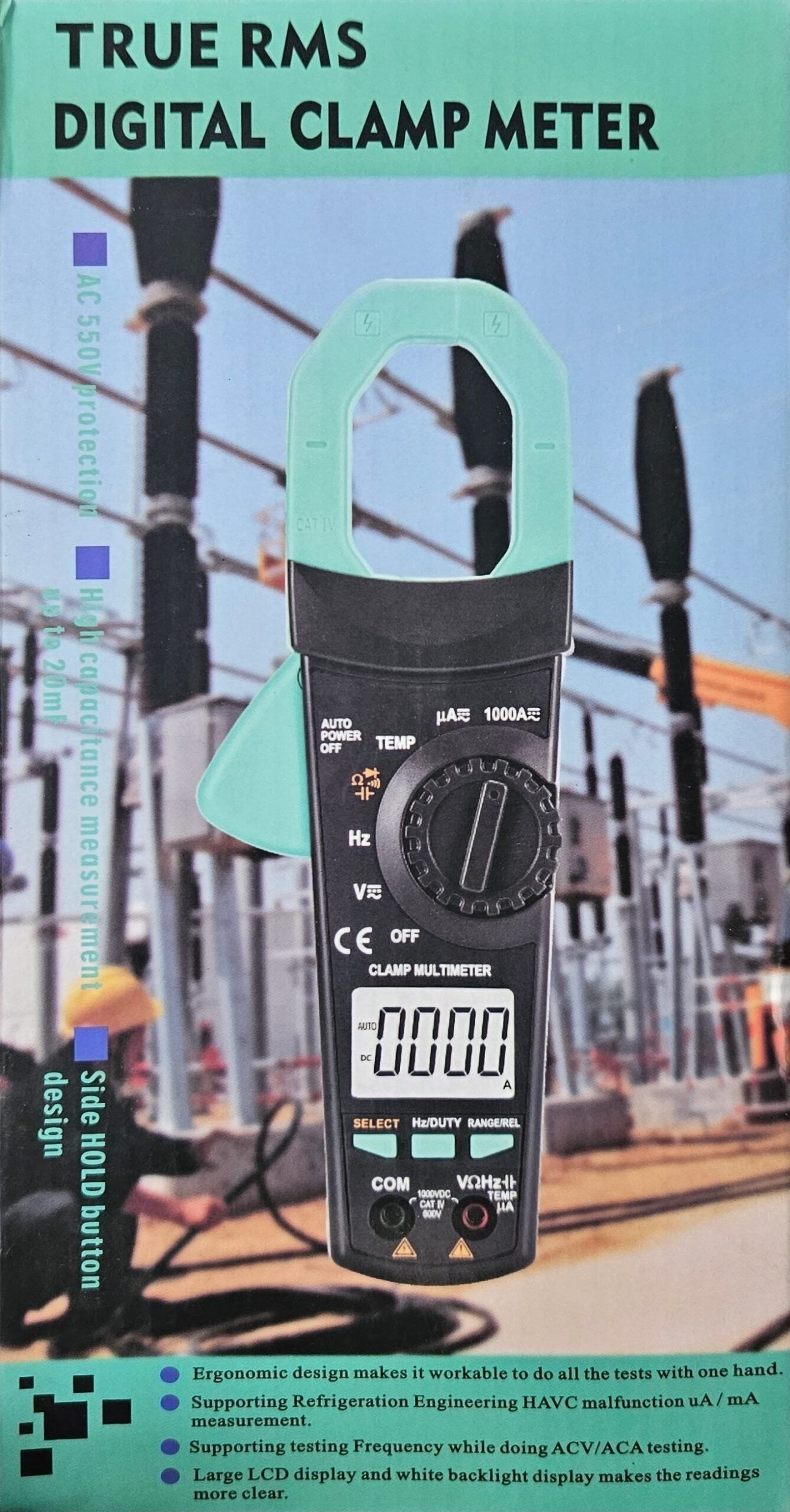 Digital AC/DC True RMS Clamp Meter VC903 - Best Price - a green and black clamp meter illustration with a rotary dial, buttons, and LCD screen.