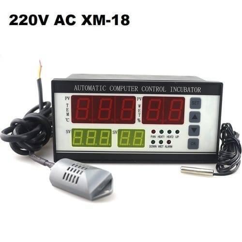 Digital Automatic Thermostat Controller Xm 18 Temperature Humidity Controlling Machine For Small Eggs Incubator - a black rectangular unit with four digital displays, side buttons, a humidity sensor, and a temperature probe.