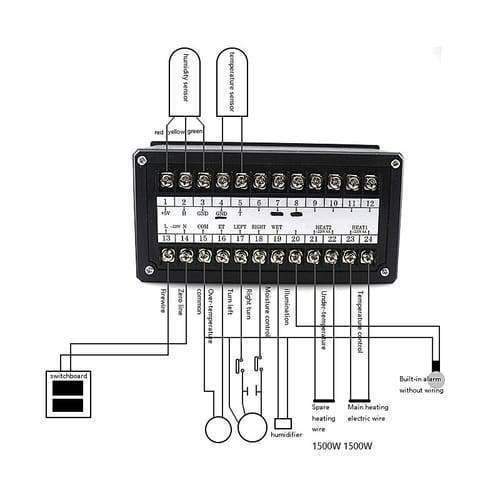 Digital Automatic Thermostat Controller Xm 18 Temperature Humidity Controlling Machine For Small Eggs Incubator - a black rectangular wiring diagram showing terminal connections for sensors, power, and incubator components.