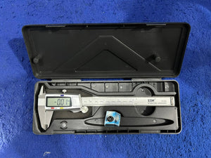 Digital Caliper 150mm - Yth VC92 Stainless Steel Vernier Caliper With LCD Display - black plastic storage case, showing the silver stainless steel tool with an LCD screen displaying -0.01 and a battery.
