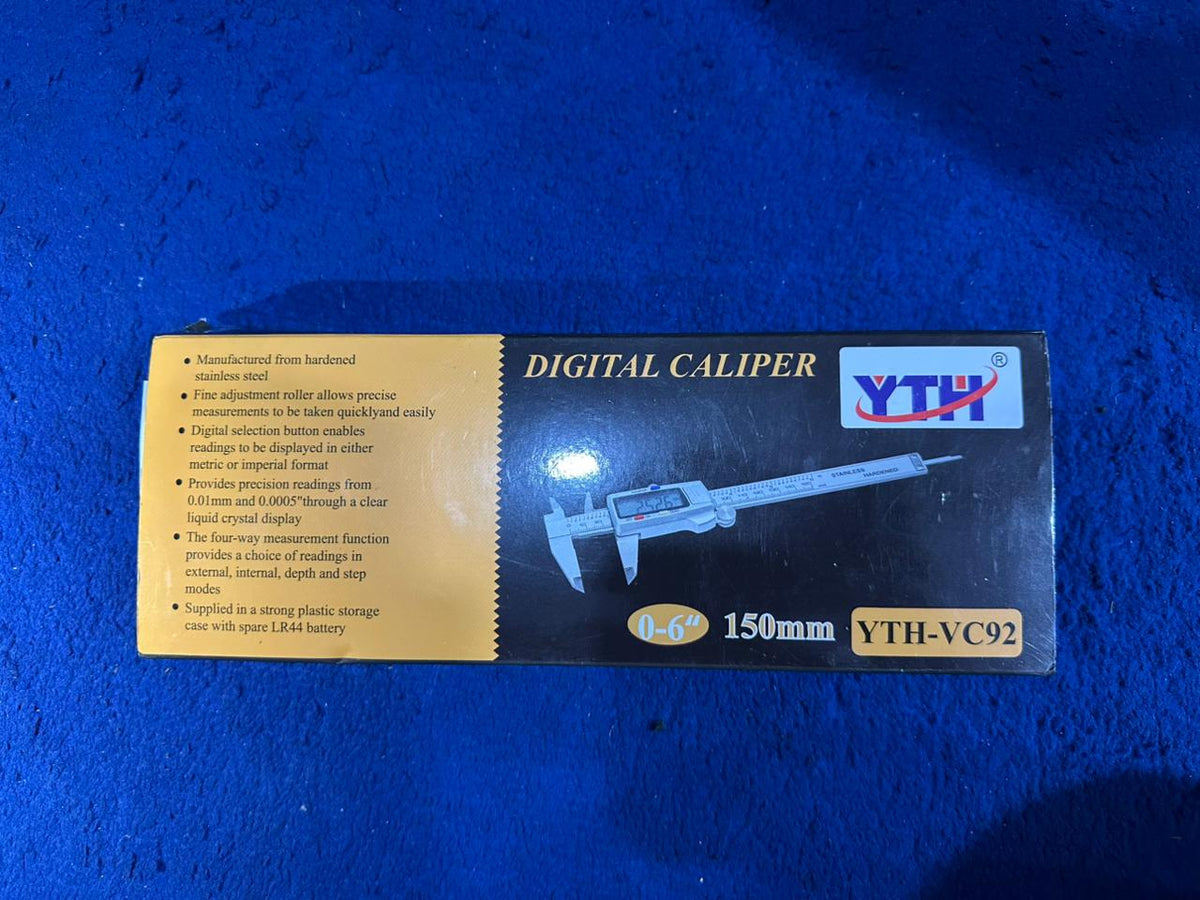 Digital Caliper 150mm - Yth VC92 Stainless Steel Vernier Caliper With LCD Display - shown as a rectangular black and yellow product box featuring an illustration of the stainless steel caliper with an LCD.
