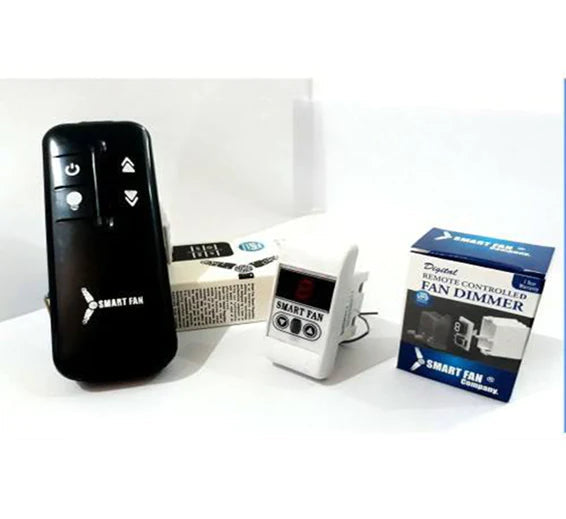 Digital Ceiling Fan Dimmer With Remote Control Piano Fitting - a black remote, a white wall-mounted dimmer with a digital display, and its box.