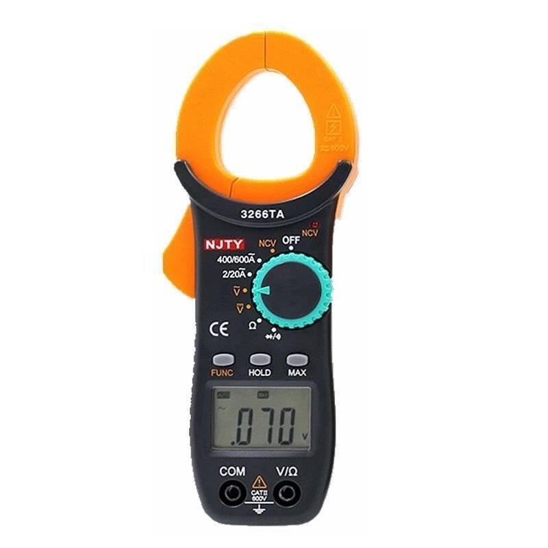 Digital Clamp Meter Njty DC/AC Volt AC Amp Diode NCV Multimeter AMMETER3266TA - in black and orange, featuring a rotary dial, function buttons, input ports, and an LCD screen displaying .070 V.