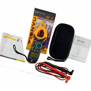 Digital Clamp Meter Njty DC/AC Volt AC Amp Diode NCV Multimeter AMMETER3266TA - shown with its box, black carrying case, two test leads, and two instruction manuals laid out on a white surface.