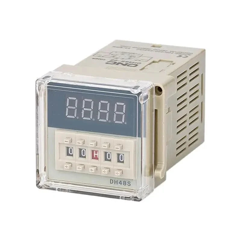 Digital Delay Time Relay DH48S-2z - a beige, rectangular electronic timer with a digital display, five push-button controls, and a clear protective cover.