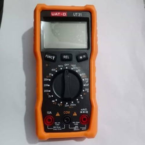 Digital Display Multimeter Ut 31 Non Contact Voltmeter Ammeter Ohm Temperature Test Meter DMM - an orange handheld device with a central rotary dial, function buttons, a blank LCD screen, and three input ports.