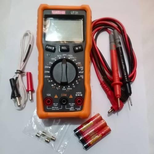 Digital Display Multimeter Ut 31 Non Contact Voltmeter Ammeter Ohm Temperature Test Meter DMM - with an orange protective case, black rotary dial, screen, ports, two test leads, temperature probe, batteries, and fuses.
