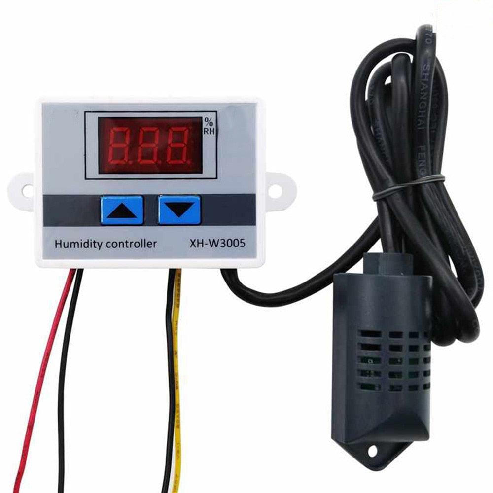 Digital Humidity Controller XH-W3005 Adjustable 220V 10A Hygrometer Switch Controller - with a white rectangular housing, a red digital display, two blue buttons, and a black wired sensor probe.