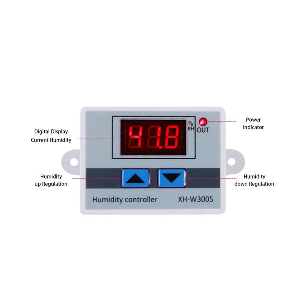 Digital Humidity Controller XH-W3005 Adjustable 220V 10A Hygrometer Switch Controller - a rectangular grey device with a red digital display, two blue arrow buttons, and a power indicator light.