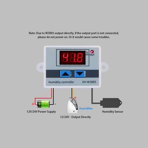 Digital Humidity Controller XH-W3005 Adjustable 220V 10A Hygrometer Switch Controller - a grey controller with a red LED display, two blue buttons, and connections to a power supply.