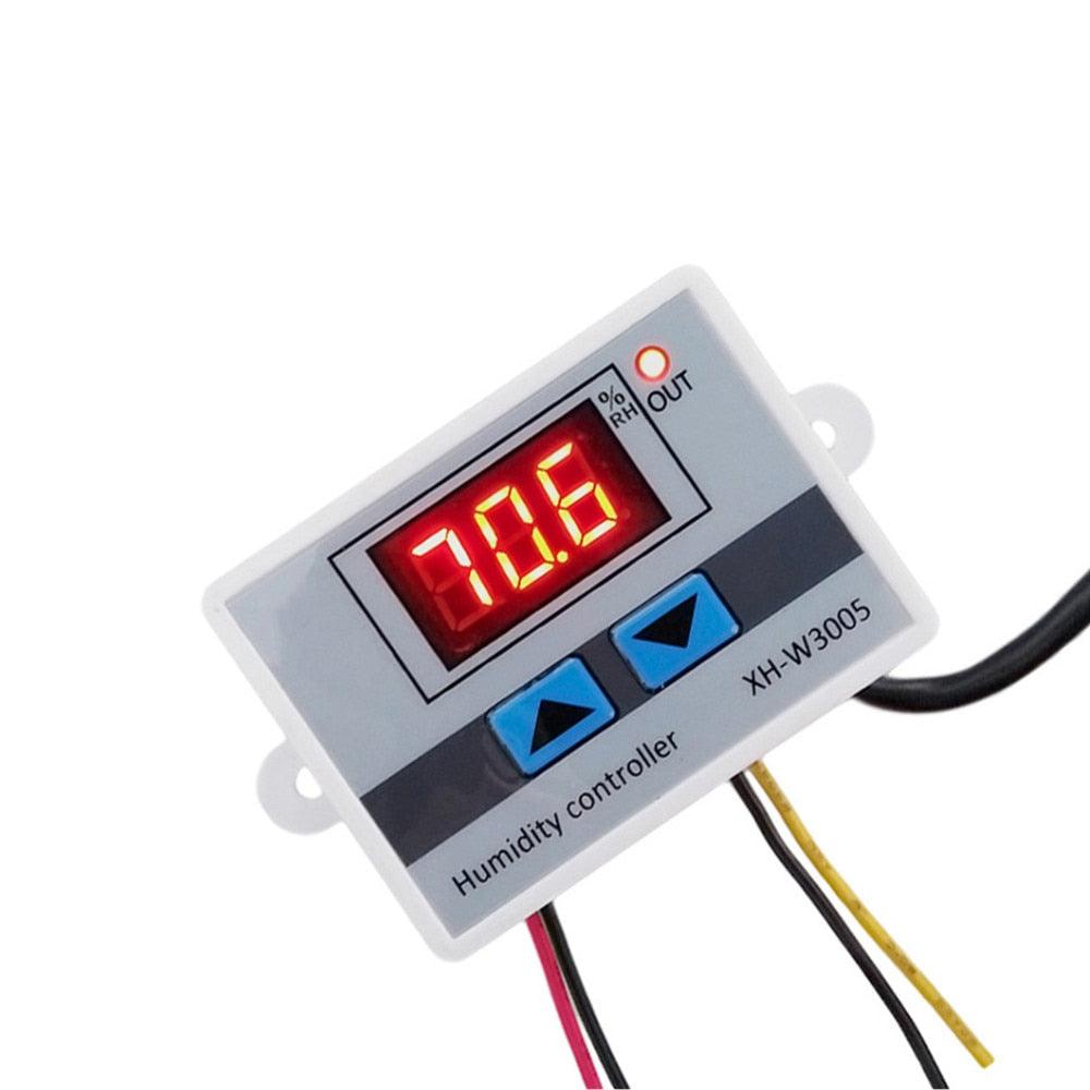 Digital Humidity Controller XH-W3005 Adjustable 220V 10A Hygrometer Switch Controller - a grey rectangular device with a red LED display showing 70.6, two blue arrow buttons, and attached wiring.
