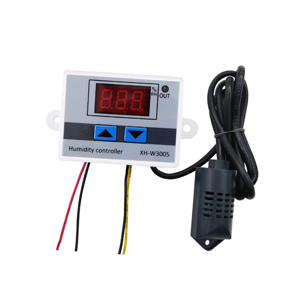 Digital Humidity Controller XH-W3005 Adjustable 220V 10A Hygrometer Switch Controller - with a red LED display, two blue arrow buttons, two pairs of wires, and a black sensor probe on a cable.