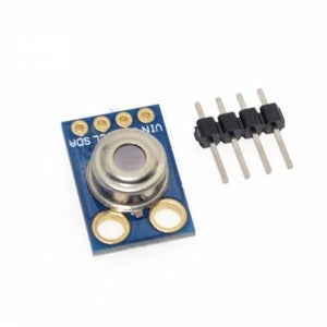 Digital Infrared Temperature Sensor Module MLX90614 - the blue circuit board with a metal sensor and a separate four-pin header connector.
