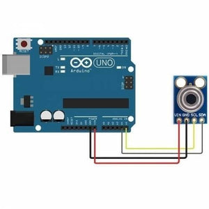 Digital Infrared Temperature Sensor Module MLX90614 - shown wired to an Arduino Uno board with four jumper wires connecting the sensor pins to the board.