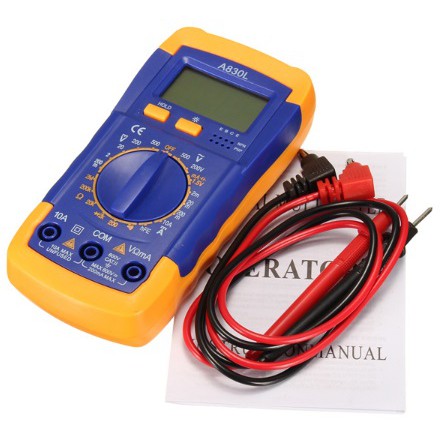 Digital LCD Multimeter A830L - with yellow and blue casing, rotary dial, ports, buttons, and red and black test leads resting on an instruction manual.
