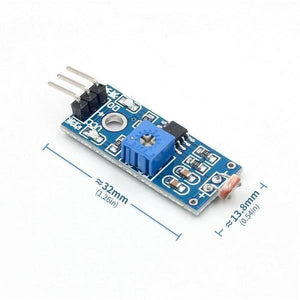 Digital LDR Sensor Module - shown from an angled perspective, featuring a blue circuit board, a potentiometer, three pins, and dimension labels.