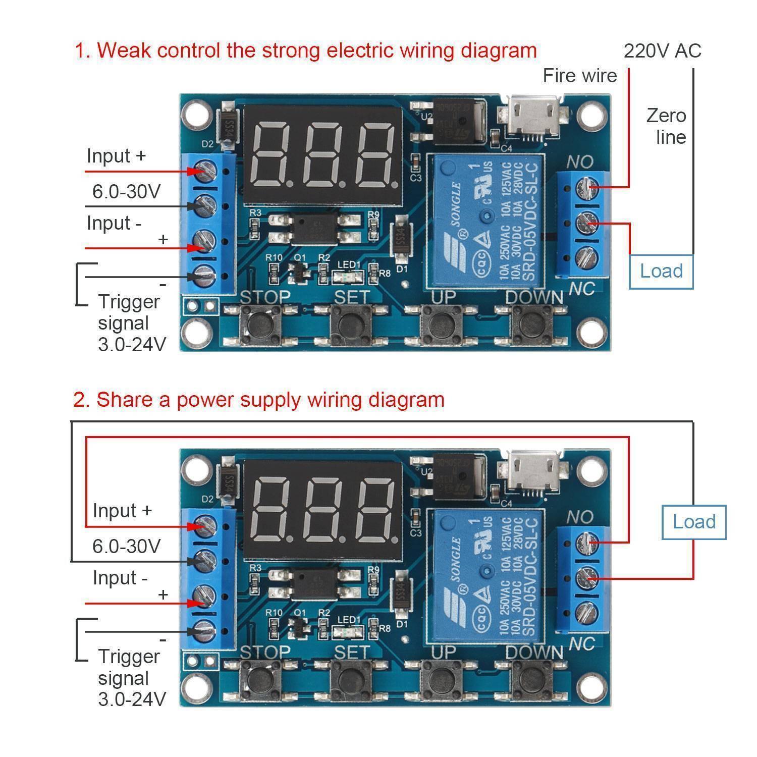 Digital LED Display Programmable Circuit Egg Incubator Timer Relay Module Controller WS16 - wiring diagrams showing input, trigger, and load connections.