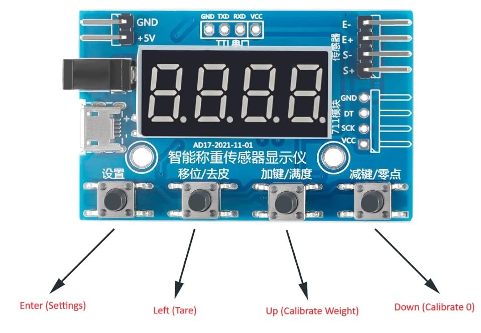Digital Load Cell Display Module With HX711 - 4-digit LED Weight Sensor Display - blue rectangular circuit board with a 4-digit LED display, four push buttons, and various input ports.