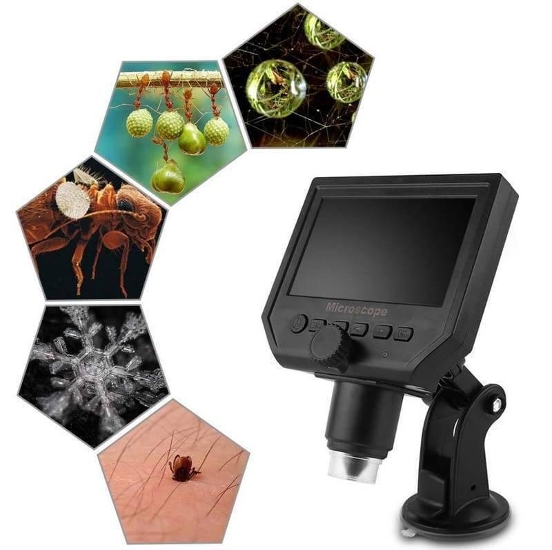 Digital Microscope 4.3in HD LED 3.6MP 1-600x Continuous Magnifier - shown with a black screen, control buttons, a focus knob, and a stand.