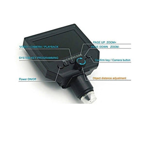 Digital Microscope 4.3in HD LED 3.6MP 1-600x Continuous Magnifier - a black handheld device with a screen, adjustment knob, and labeled control buttons.