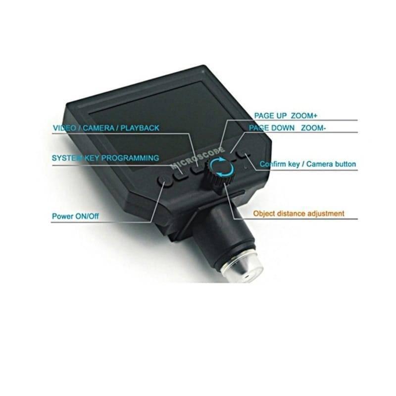 Digital Microscope 4.3in HD LED 3.6MP 1-600x Continuous Magnifier - a black handheld device with a screen, adjustment knob, and labeled control buttons.