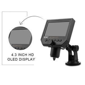Digital Microscope 4.3in HD LED 3.6MP 1-600x Continuous Magnifier - shown with a black screen, control buttons, a focus knob, and a suction cup stand.