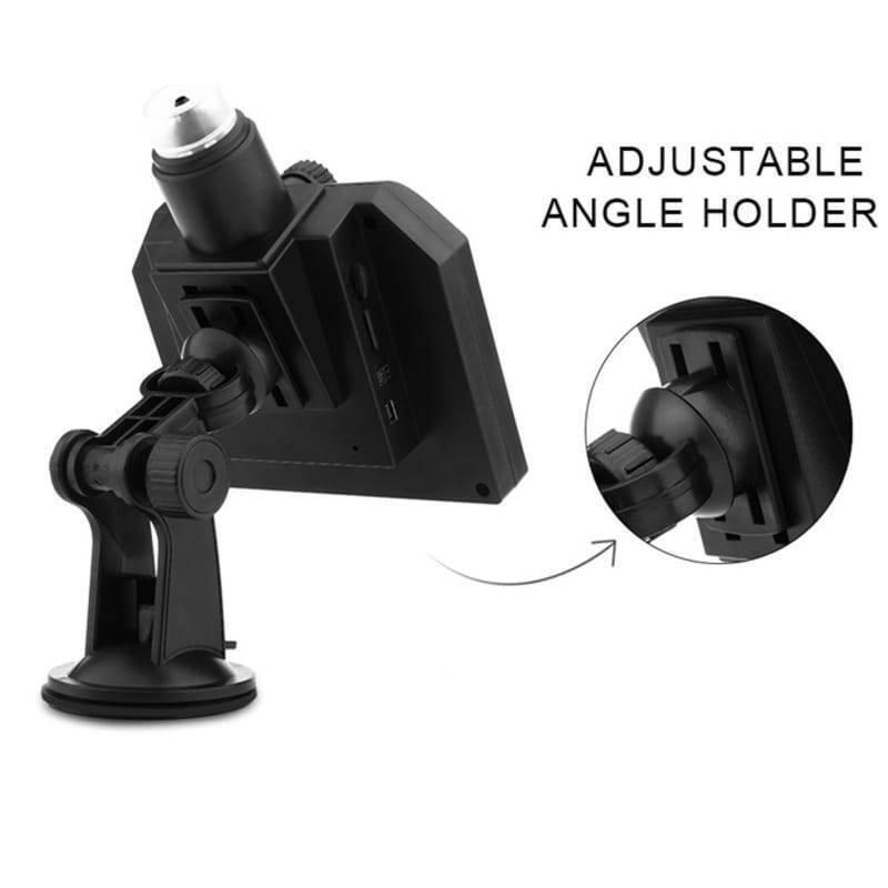 Digital Microscope 4.3in HD LED 3.6MP 1-600x Continuous Magnifier - shown as a black device on an adjustable suction cup stand with a close-up inset.