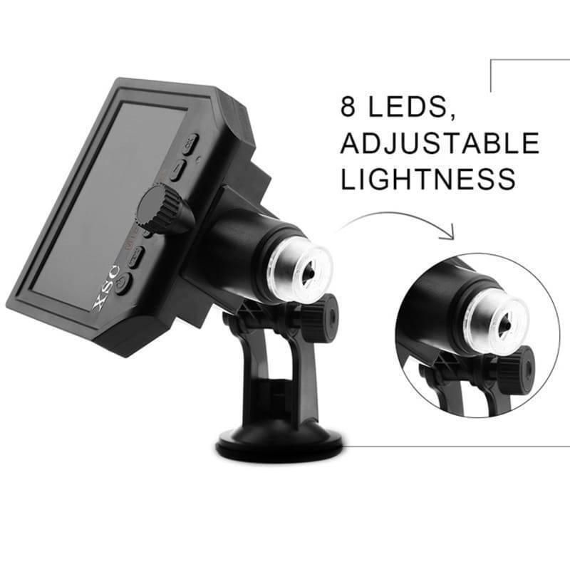 Digital Microscope 4.3in HD LED 3.6MP 1-600x Continuous Magnifier - shown from the side with a stand, control knobs, and a close-up of the LED lens.
