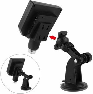 Digital Microscope 4.3in HD LED 3.6MP 1-600x Continuous Magnifier - shown with its black adjustable suction cup stand and rear port layout.