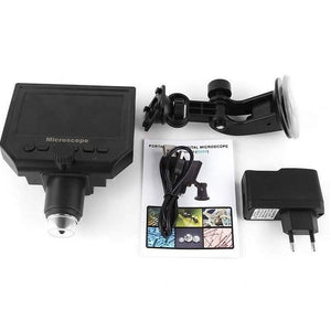 Digital Microscope 4.3in HD LED 3.6MP 1-600x Continuous Magnifier - kit including a black microscope unit, suction mount, power adapter, and user manual.