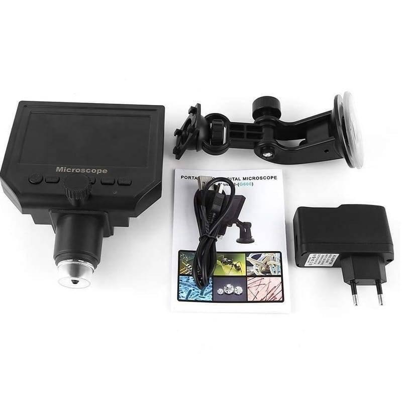 Digital Microscope 4.3in HD LED 3.6MP 1-600x Continuous Magnifier - kit including a black microscope unit, suction mount, power adapter, and user manual.