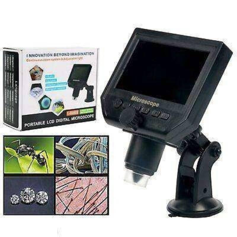 Digital Microscope 4.3in HD LED 3.6MP 1-600x Continuous Magnifier - shown with its black packaging box and four sample images of magnified items.