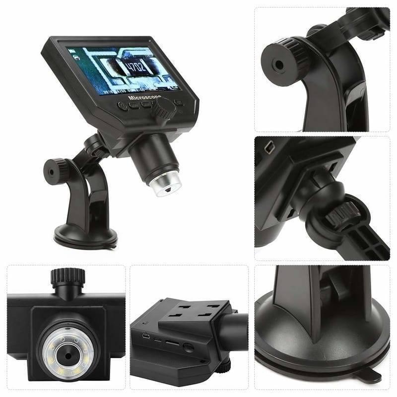 Digital Microscope 4.3in HD LED 3.6MP 1-600x Continuous Magnifier - shown in a multi-angle view with a suction cup stand, display, lens, and side ports.
